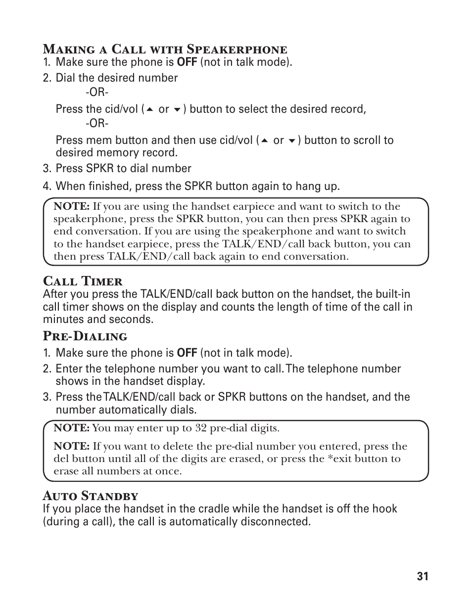 Making a call with speakerphone, Call timer, Pre-dialing | Auto standby | GE 21029 User Manual | Page 31 / 116