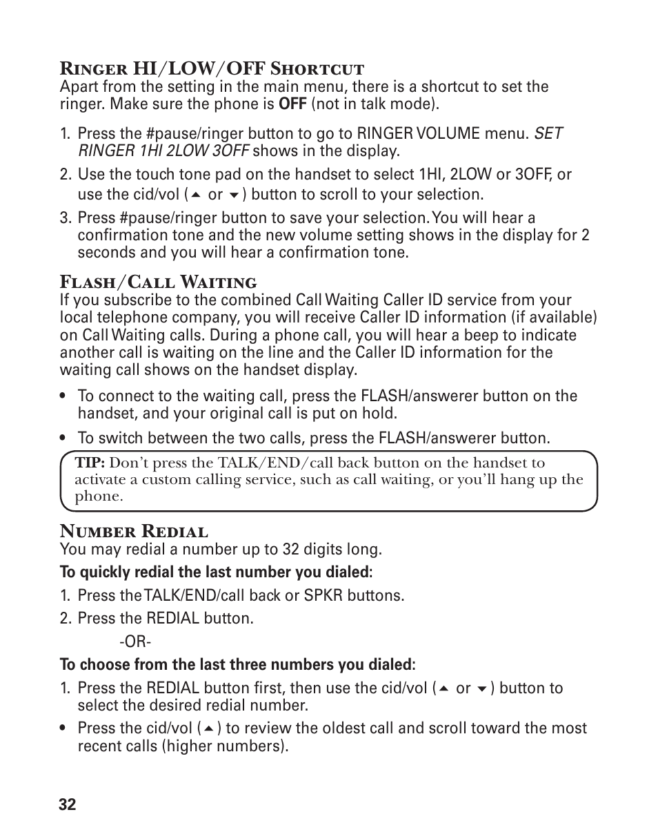 Ringer hi/low/off shortcut, Flash/call waiting, Number redial | GE 21029 User Manual | Page 32 / 116