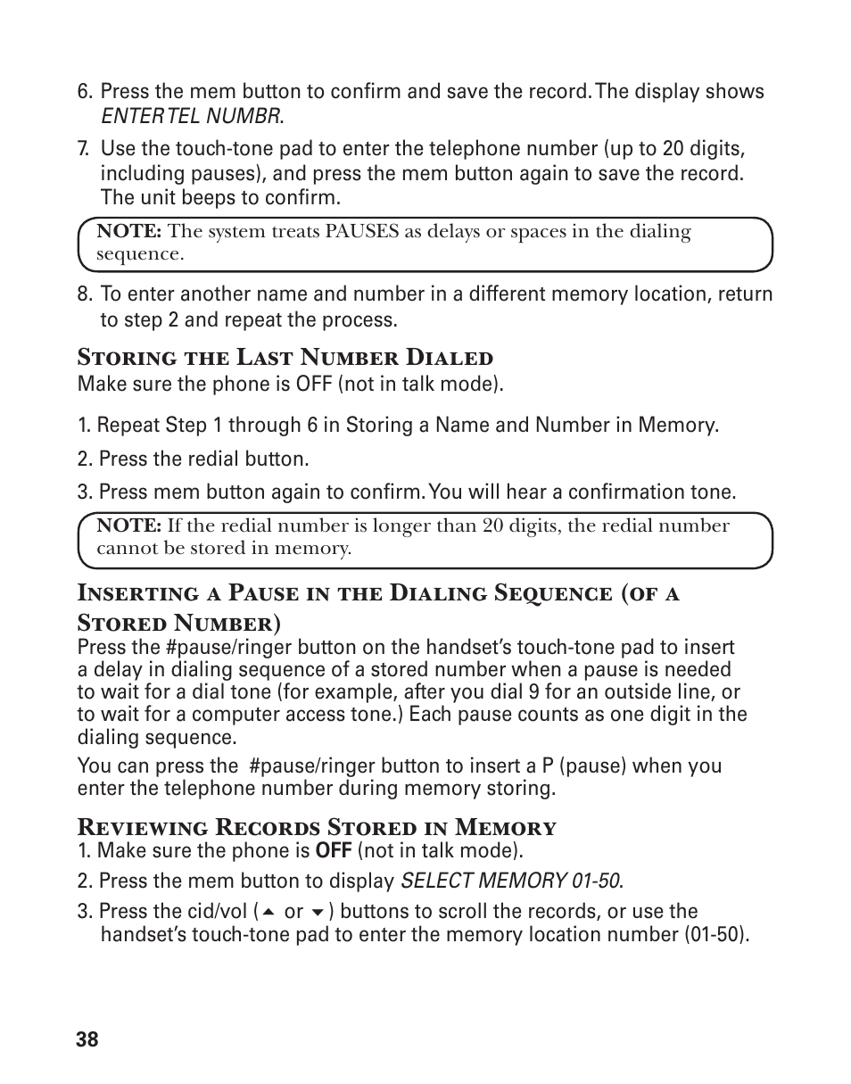 Storing the last number dialed | GE 21029 User Manual | Page 38 / 116