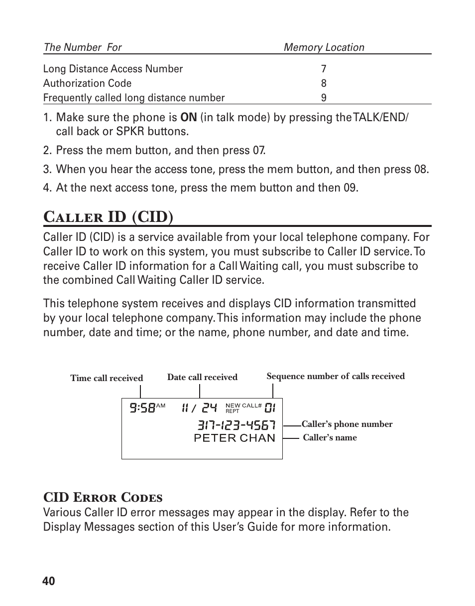 Caller id (cid), Cid error codes | GE 21029 User Manual | Page 40 / 116