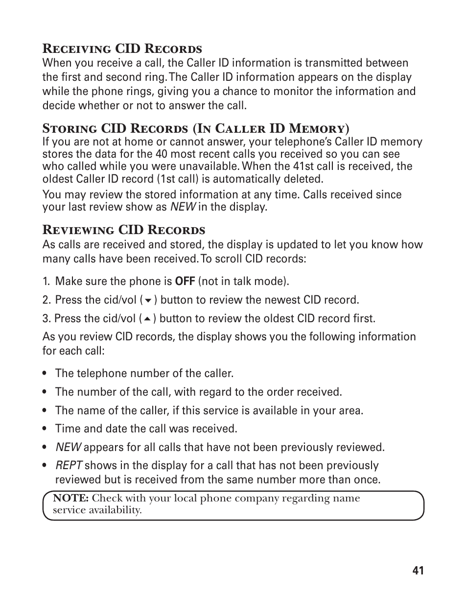 Receiving cid records, Reviewing cid records | GE 21029 User Manual | Page 41 / 116