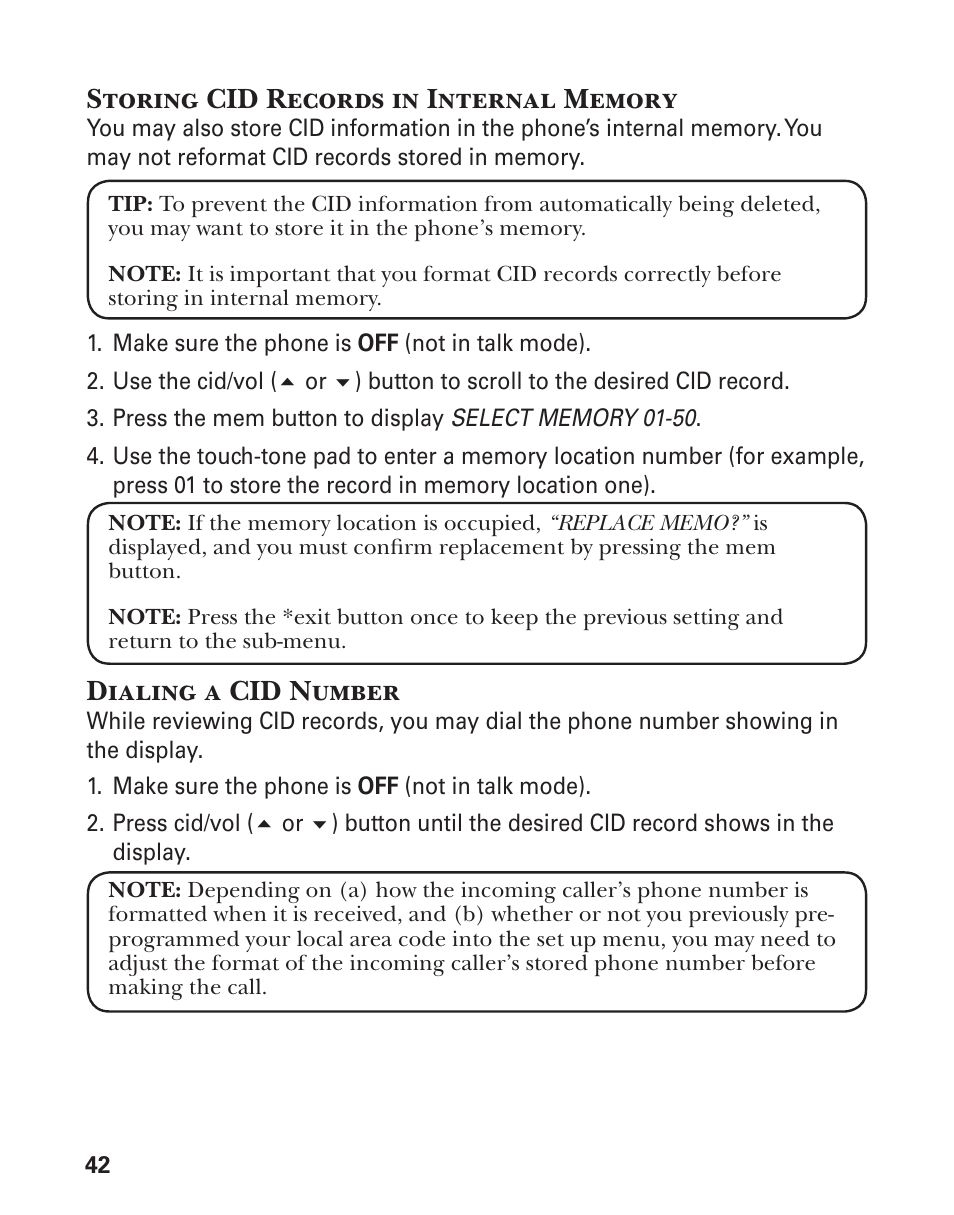 Dialing a cid number | GE 21029 User Manual | Page 42 / 116