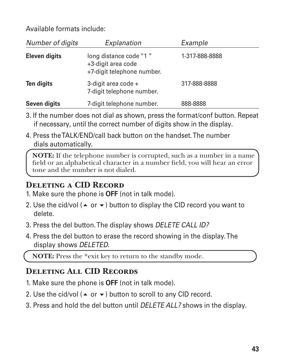 Deleting a cid record, Deleting all cid records | GE 21029 User Manual | Page 43 / 116