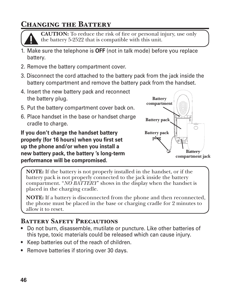 Changing the battery, Battery safety precautions | GE 21029 User Manual | Page 46 / 116