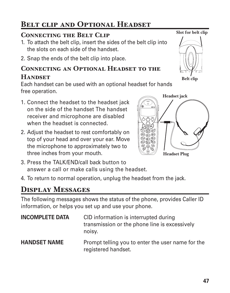 Belt clip and optional headset, Display messages, Connecting the belt clip | Connecting an optional headset to the handset | GE 21029 User Manual | Page 47 / 116