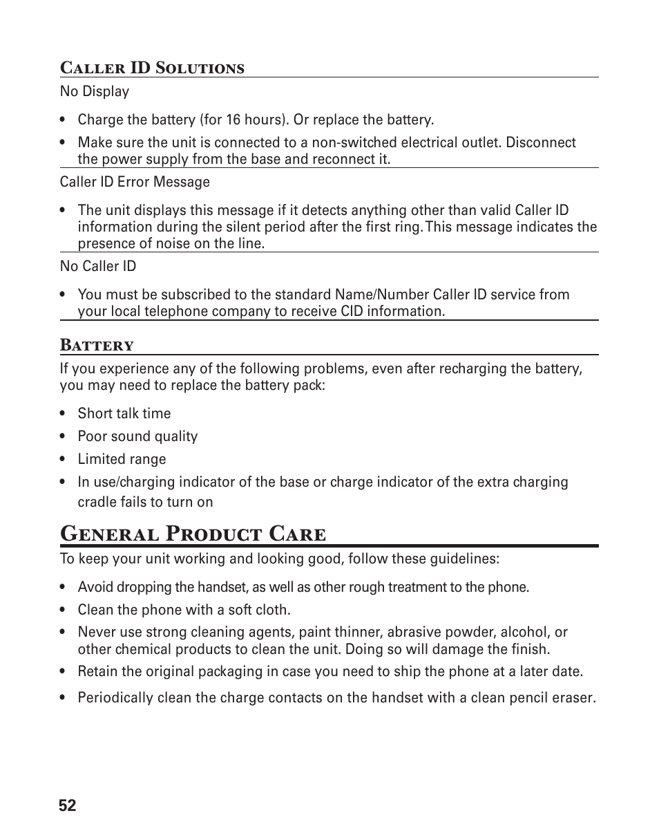 General product care, Caller id solutions, Battery | GE 21029 User Manual | Page 52 / 116