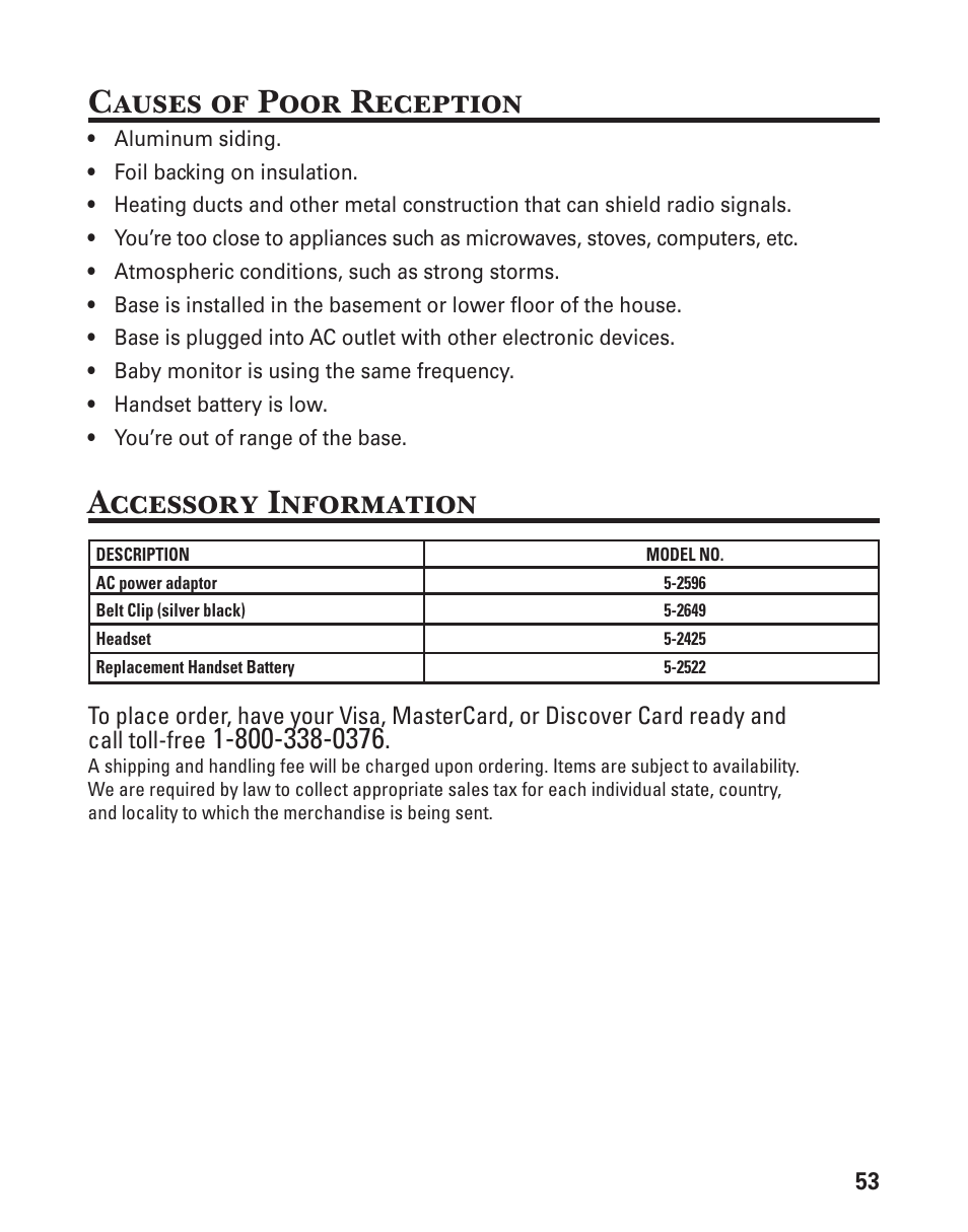 Accessory information, Causes of poor reception | GE 21029 User Manual | Page 53 / 116