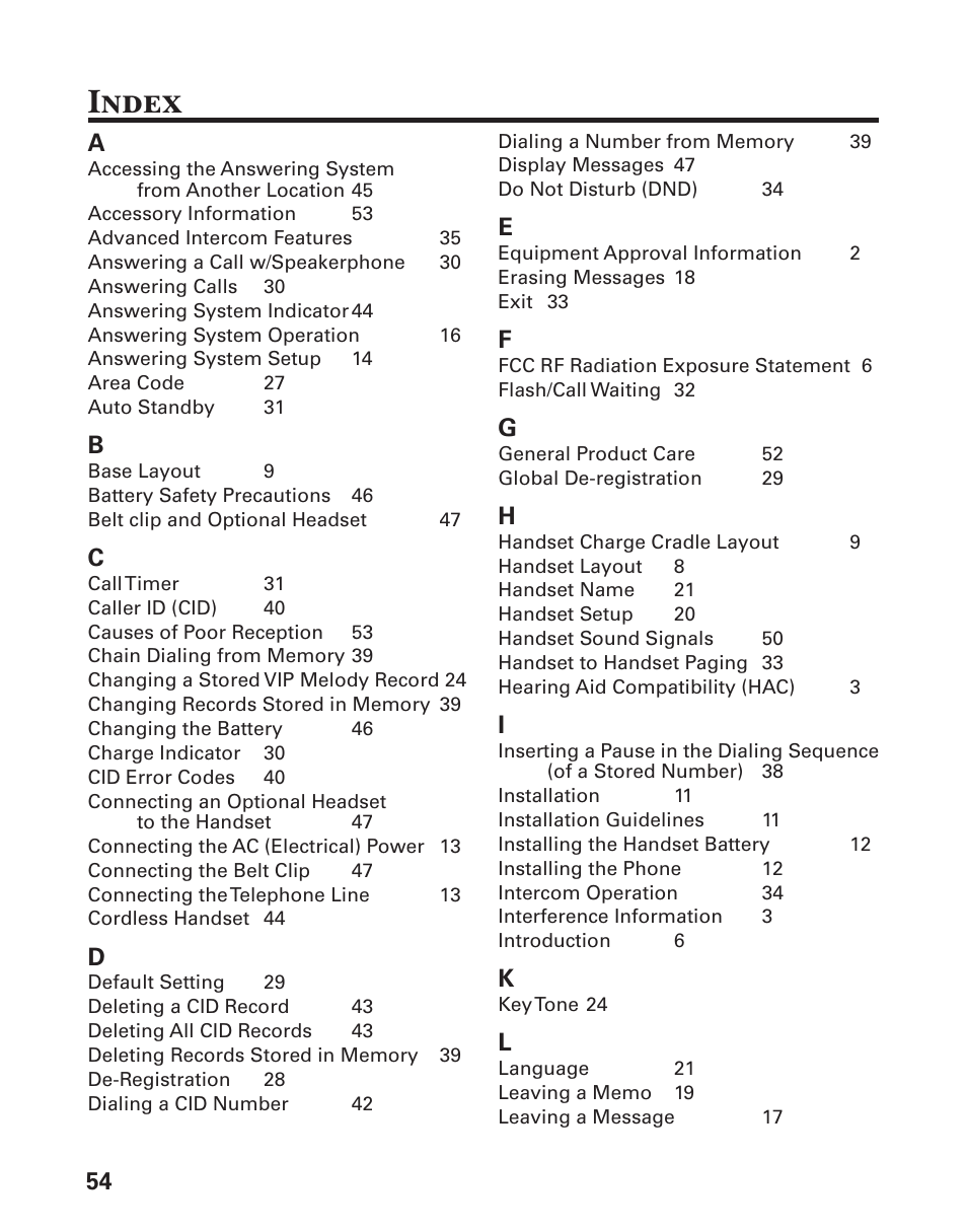 Index, 54 a | GE 21029 User Manual | Page 54 / 116