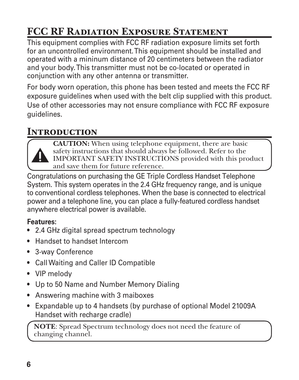 Fcc rf radiation exposure statement, Introduction | GE 21029 User Manual | Page 6 / 116