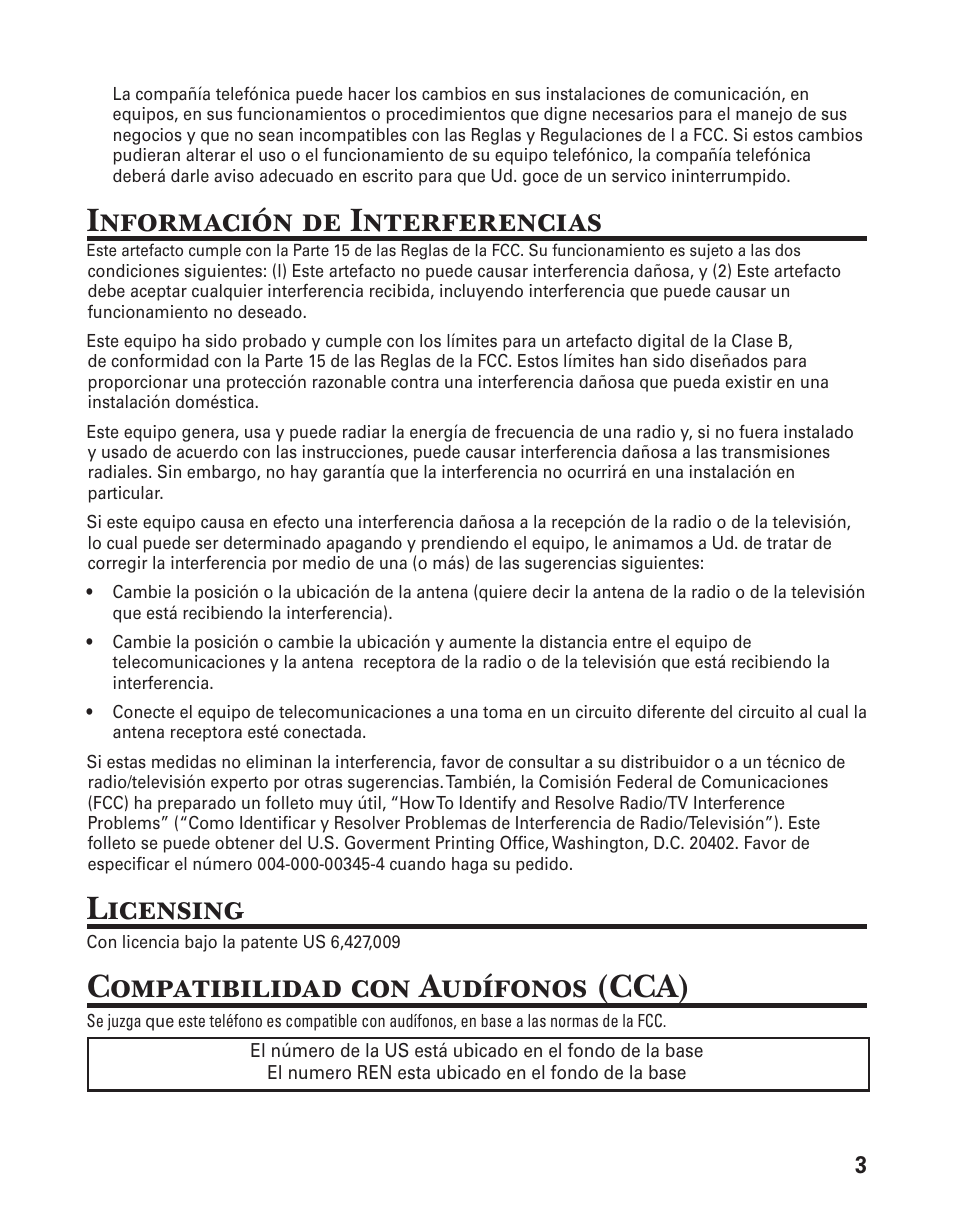 Información de interferencias, Licensing, Compatibilidad con audífonos (cca) | GE 21029 User Manual | Page 61 / 116