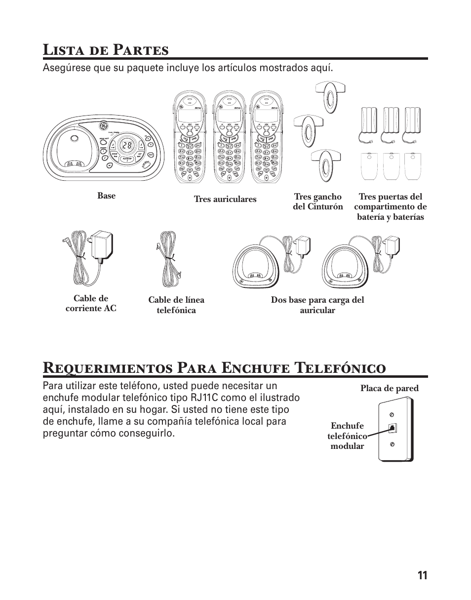 Lista de partes, Requerimientos para enchufe telefónico | GE 21029 User Manual | Page 69 / 116