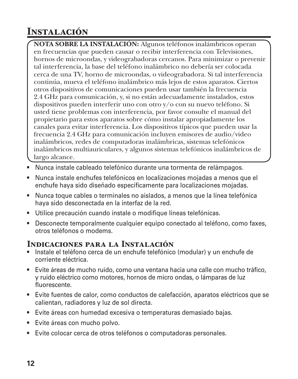 Instalación, Indicaciones para la instalación | GE 21029 User Manual | Page 70 / 116