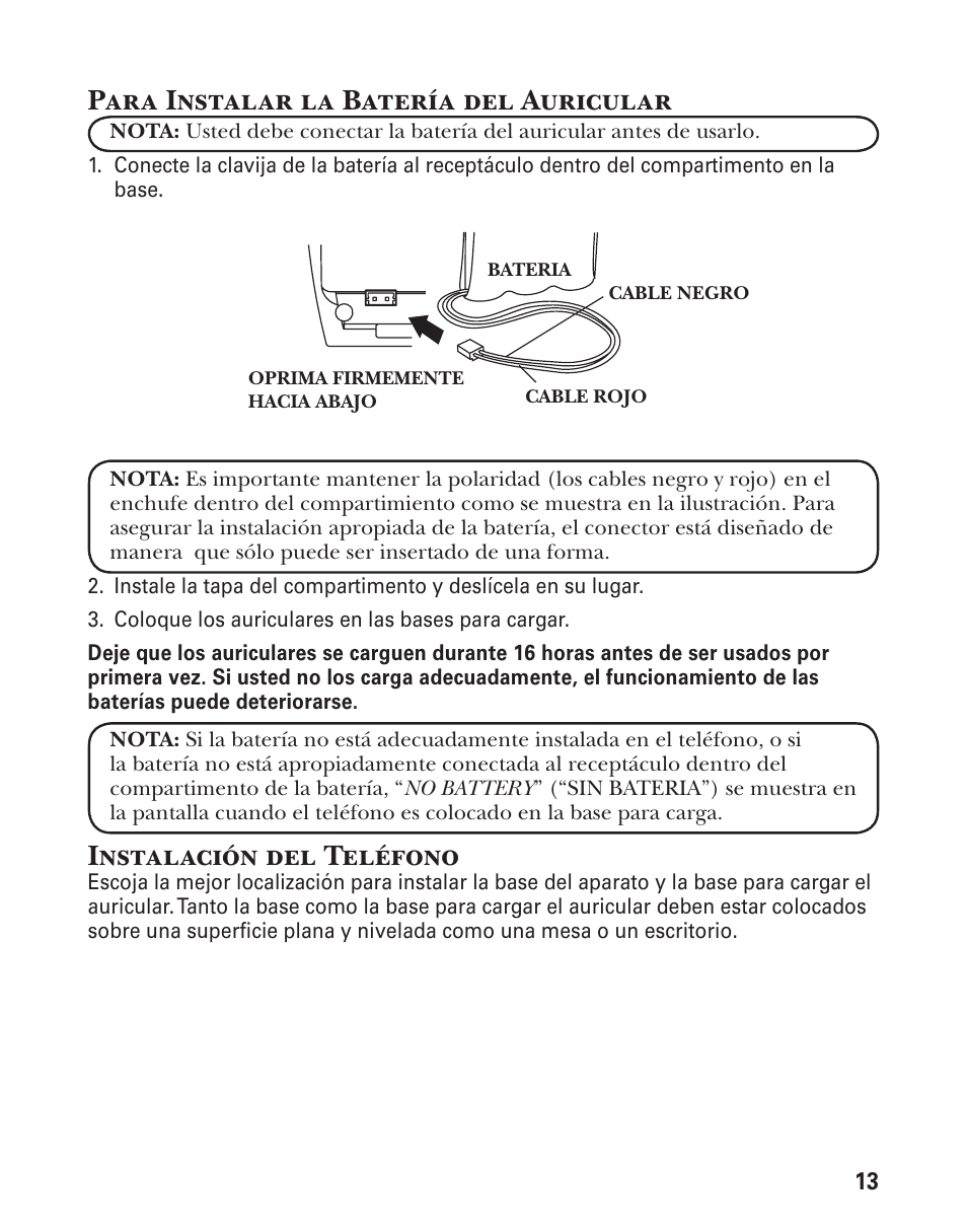 Instalación del teléfono, Para instalar la batería del auricular | GE 21029 User Manual | Page 71 / 116