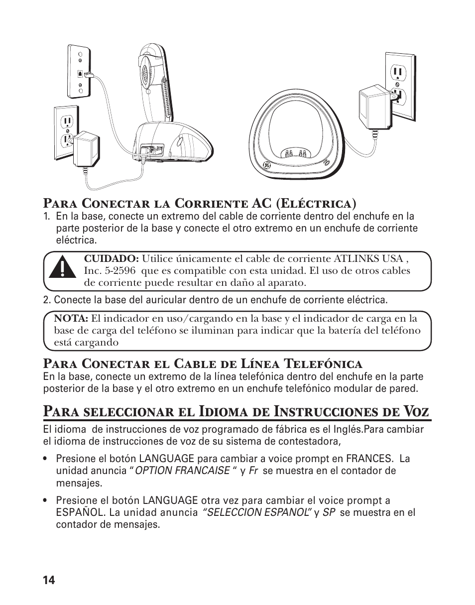 Para seleccionar el idioma de instrucciones de voz, Para conectar la corriente ac (eléctrica), Para conectar el cable de línea telefónica | GE 21029 User Manual | Page 72 / 116