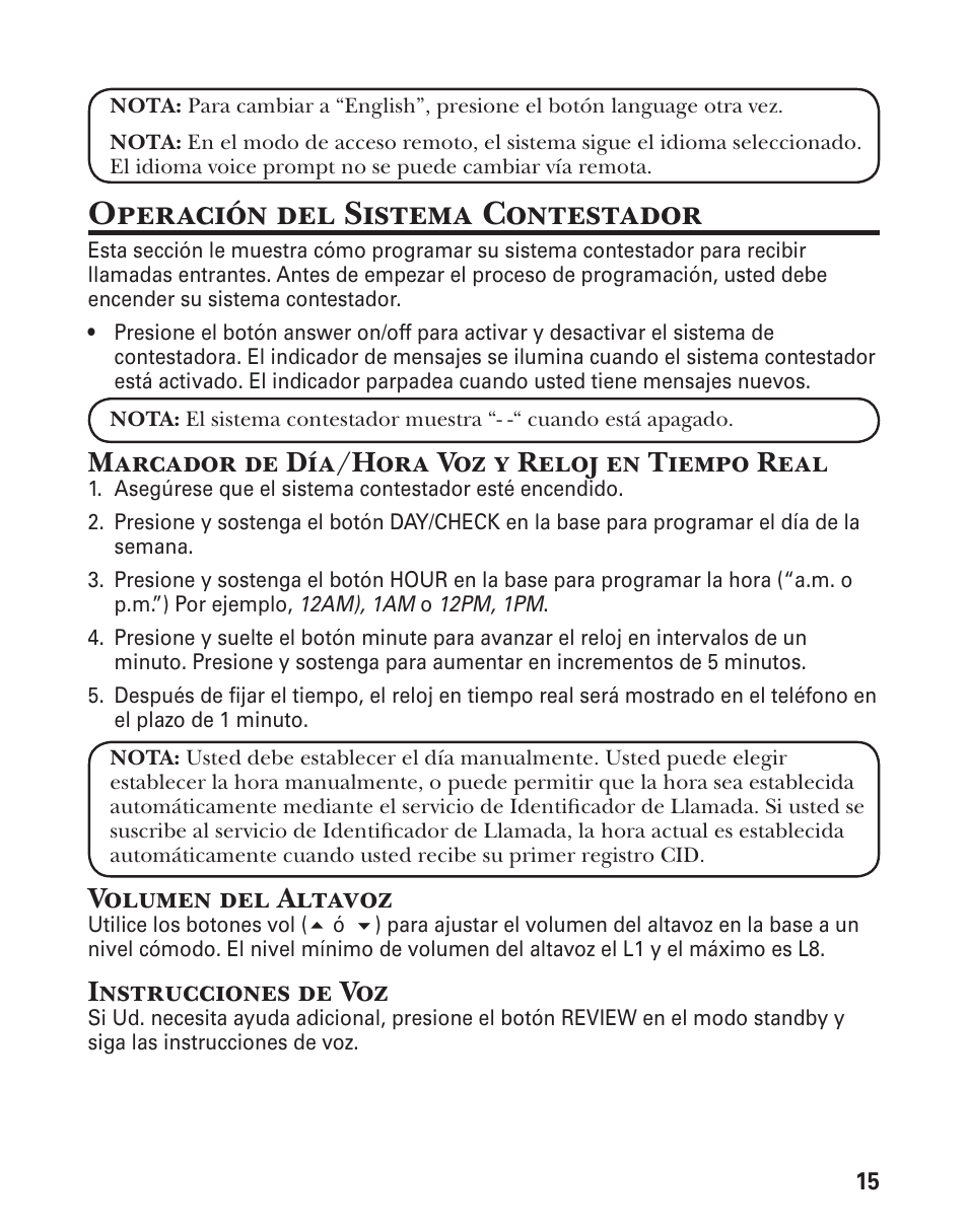 Operación del sistema contestador, Marcador de día/hora voz y reloj en tiempo real, Volumen del altavoz | Instrucciones de voz | GE 21029 User Manual | Page 73 / 116