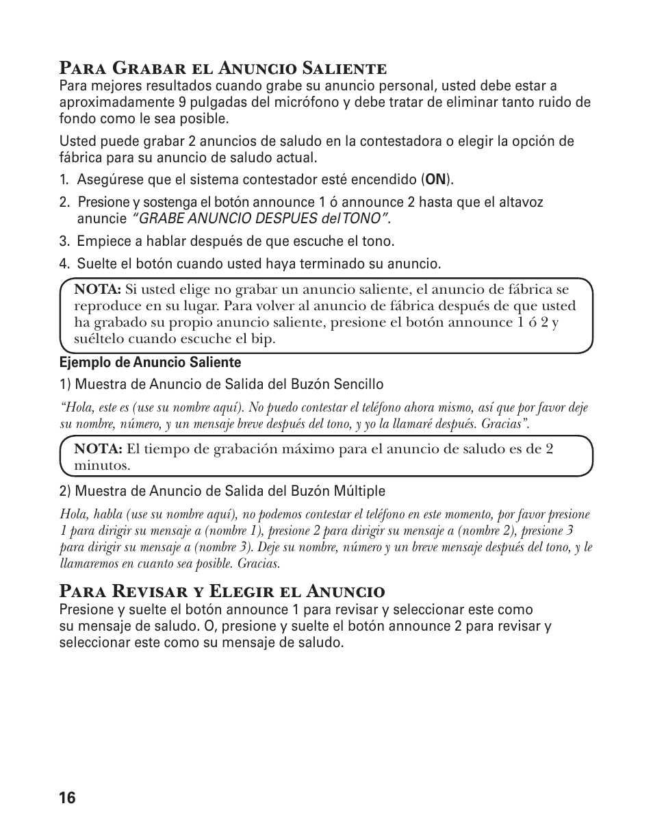 Para grabar el anuncio saliente, Para revisar y elegir el anuncio | GE 21029 User Manual | Page 74 / 116