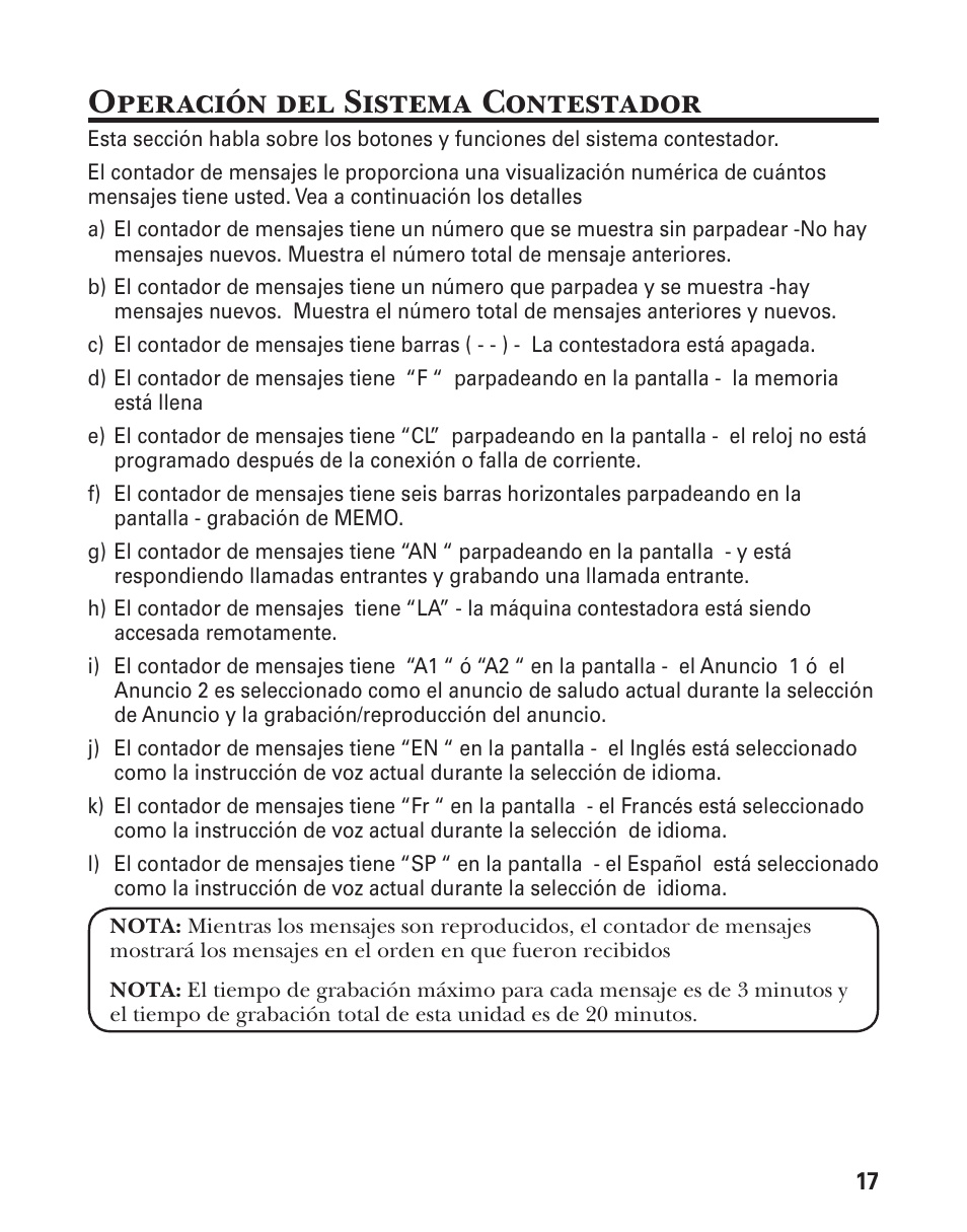 Operación del sistema contestador | GE 21029 User Manual | Page 75 / 116