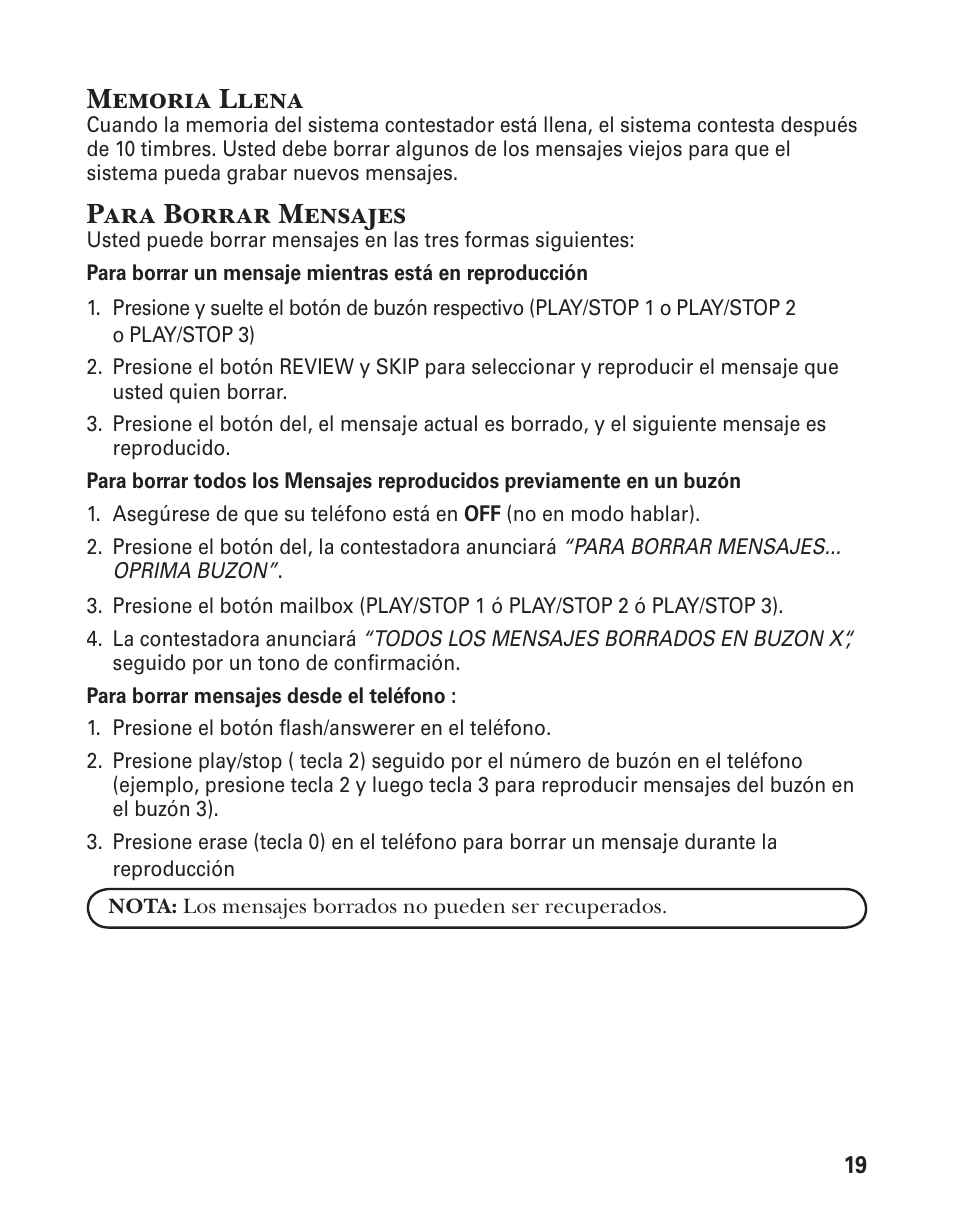 Para borrar mensajes | GE 21029 User Manual | Page 77 / 116