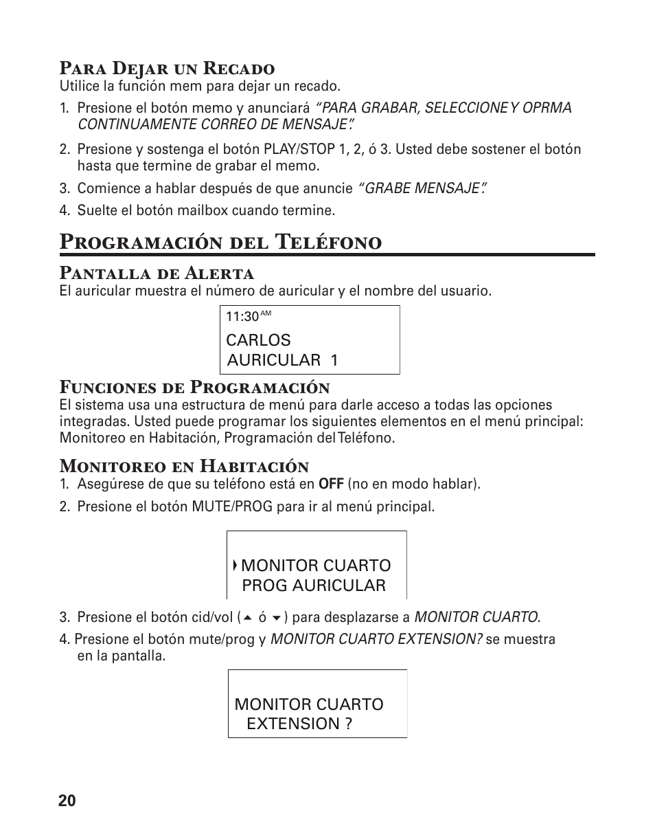 Programación del teléfono, Para dejar un recado, Pantalla de alerta | Funciones de programación, Monitoreo en habitación | GE 21029 User Manual | Page 78 / 116