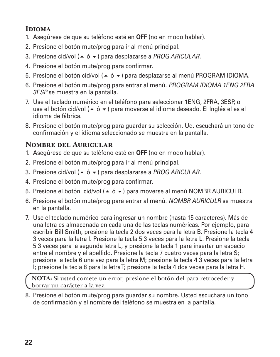 Idioma, Nombre del auricular | GE 21029 User Manual | Page 80 / 116