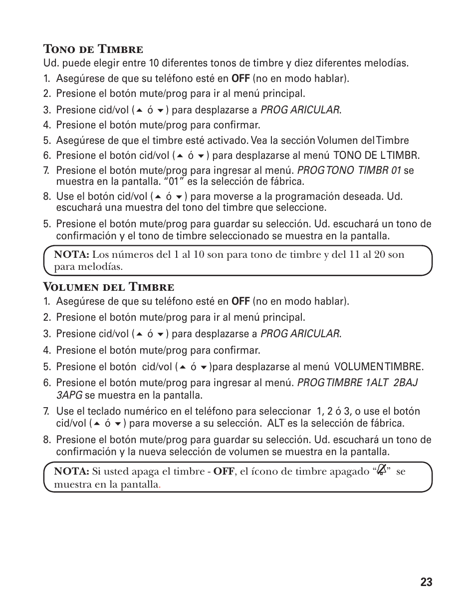 Tono de timbre, Volumen del timbre | GE 21029 User Manual | Page 81 / 116