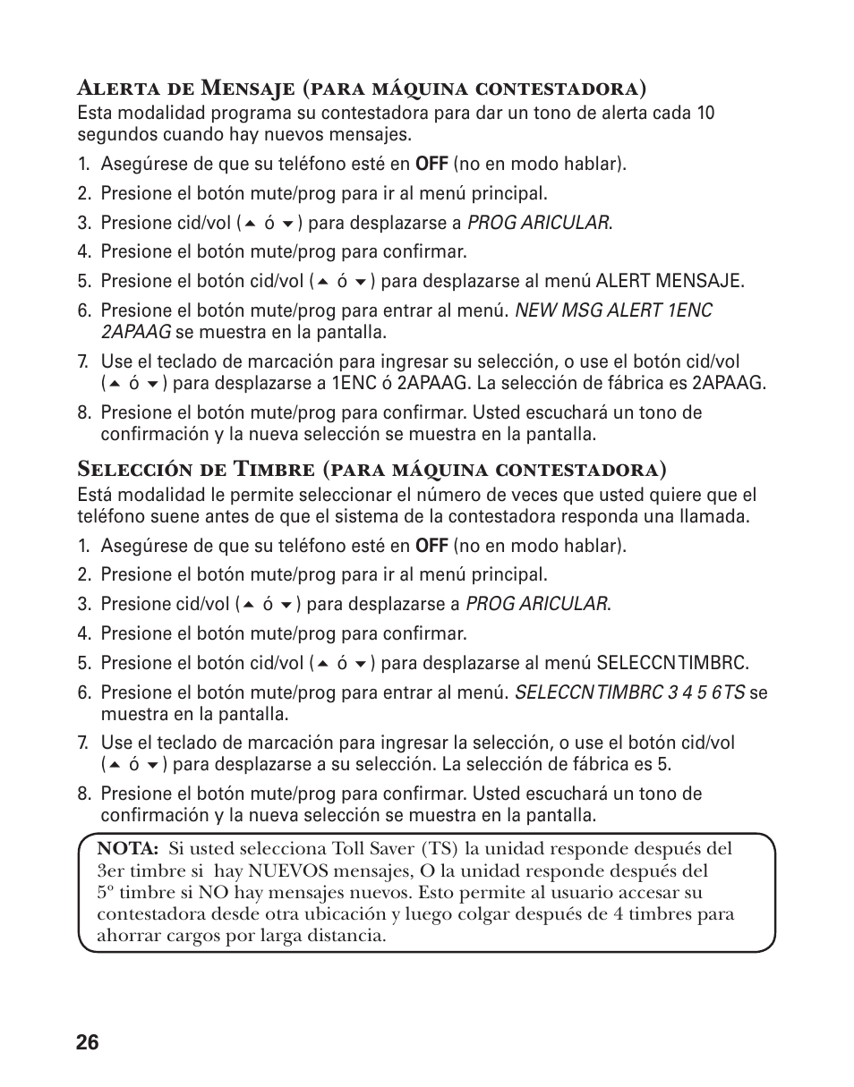 Alerta de mensaje (para máquina contestadora), Selección de timbre (para máquina contestadora) | GE 21029 User Manual | Page 84 / 116