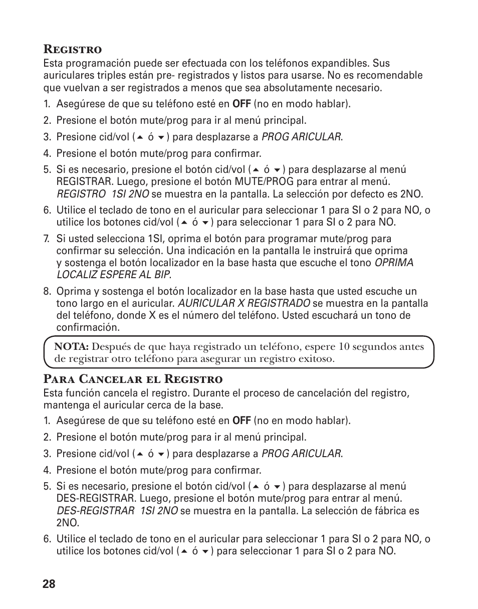 Registro, Para cancelar el registro | GE 21029 User Manual | Page 86 / 116