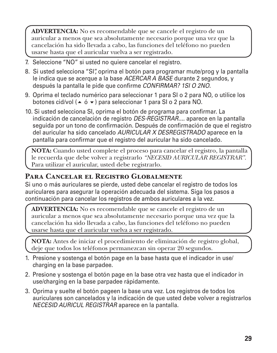 Para cancelar el registro globalmente | GE 21029 User Manual | Page 87 / 116