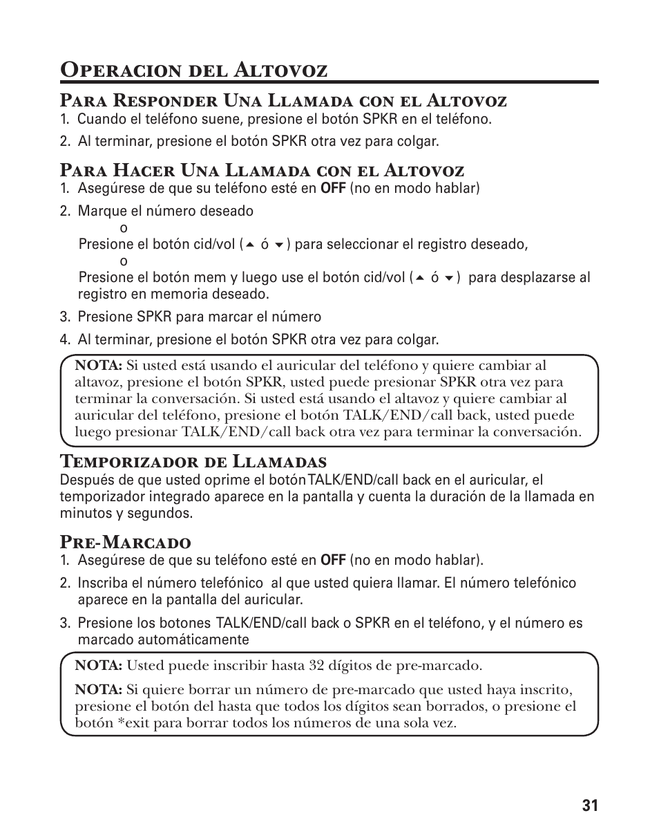 Operacion del altovoz, Para responder una llamada con el altovoz, Para hacer una llamada con el altovoz | Temporizador de llamadas, Pre-marcado | GE 21029 User Manual | Page 89 / 116