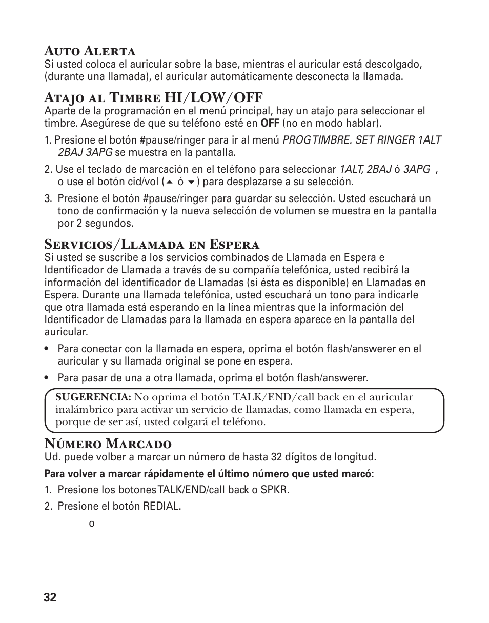 Auto alerta, Atajo al timbre hi/low/off, Servicios/llamada en espera | Número marcado | GE 21029 User Manual | Page 90 / 116