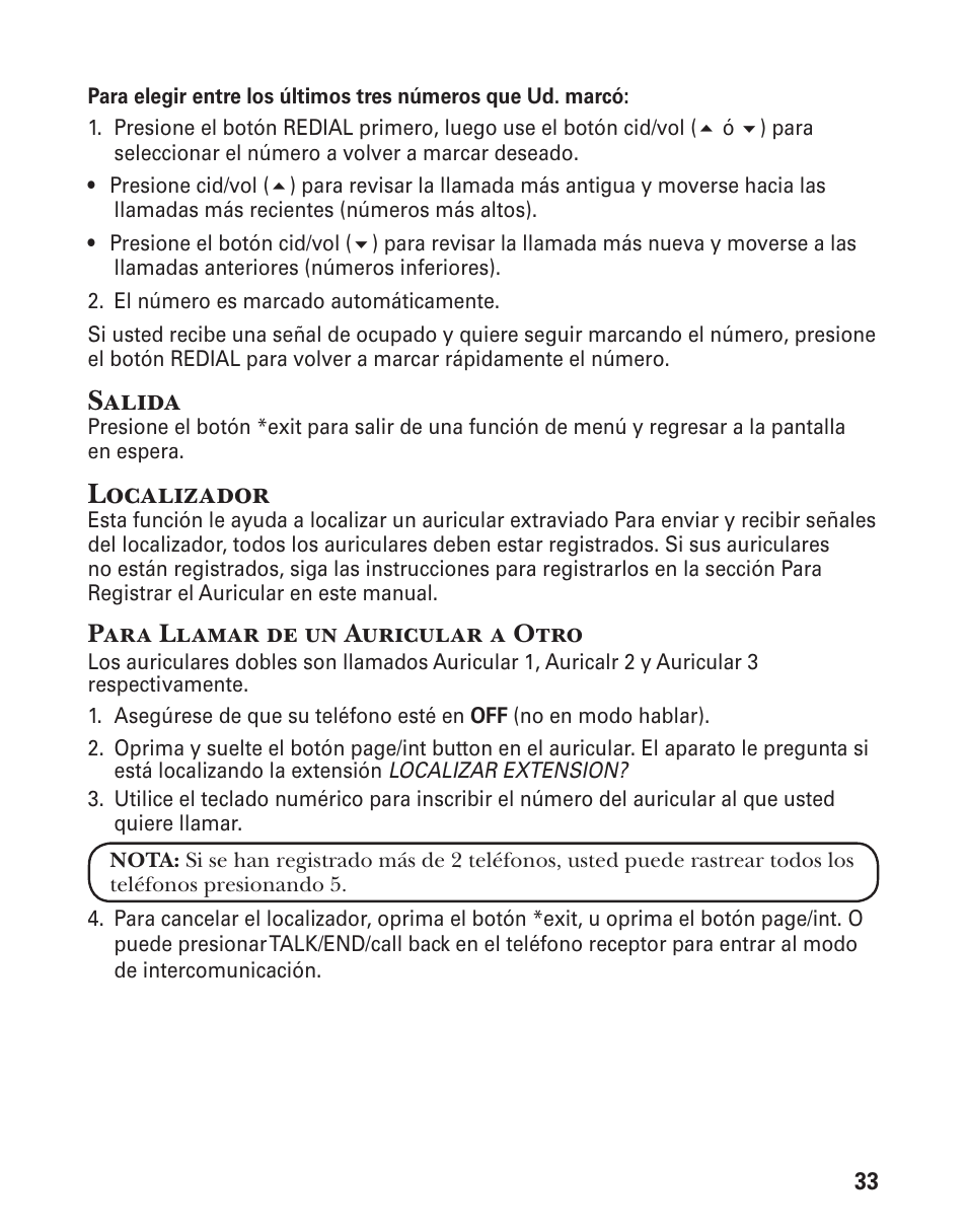 Salida, Localizador, Para llamar de un auricular a otro | GE 21029 User Manual | Page 91 / 116