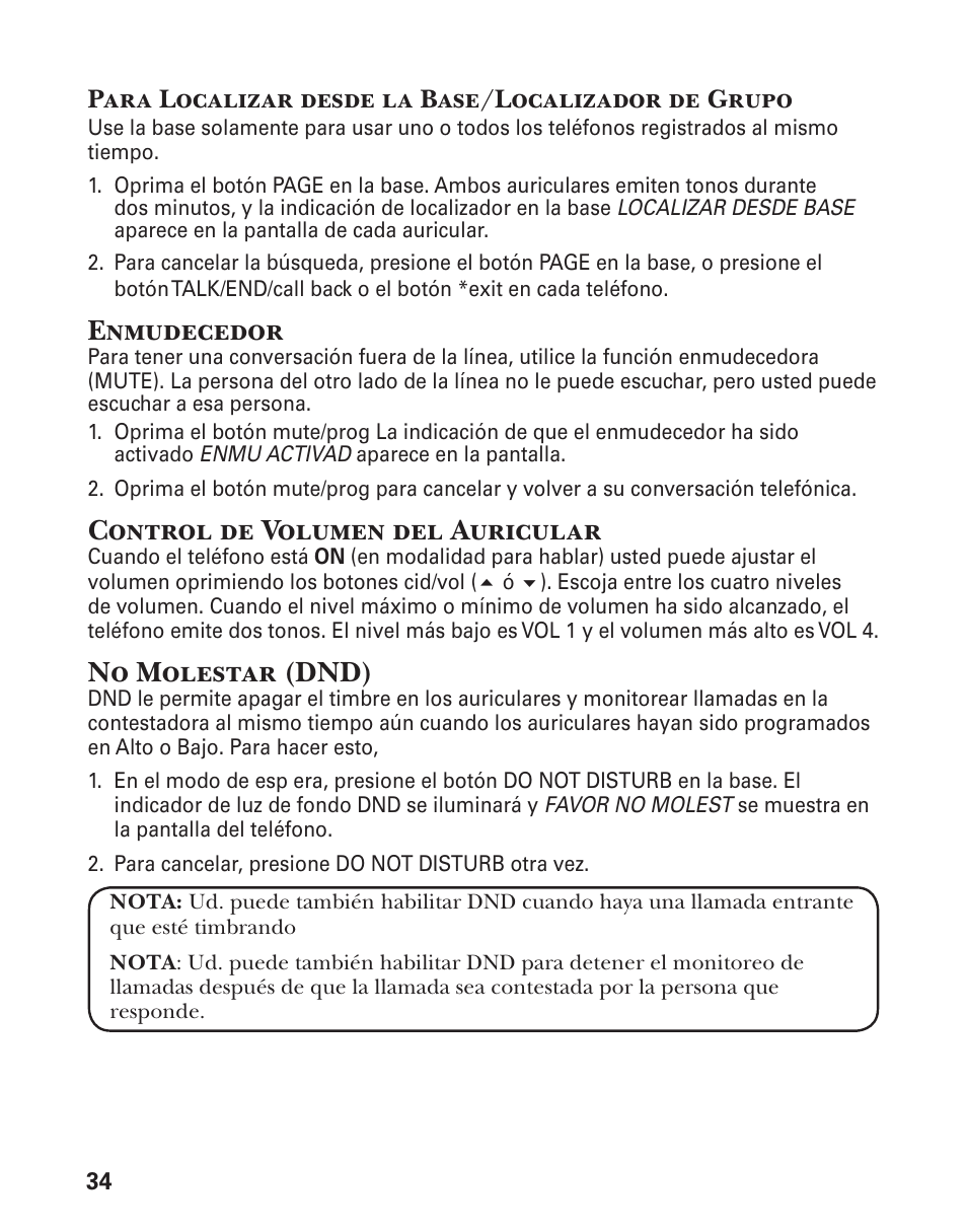 Enmudecedor, Control de volumen del auricular, No molestar (dnd) | Para localizar desde la base/localizador de grupo | GE 21029 User Manual | Page 92 / 116