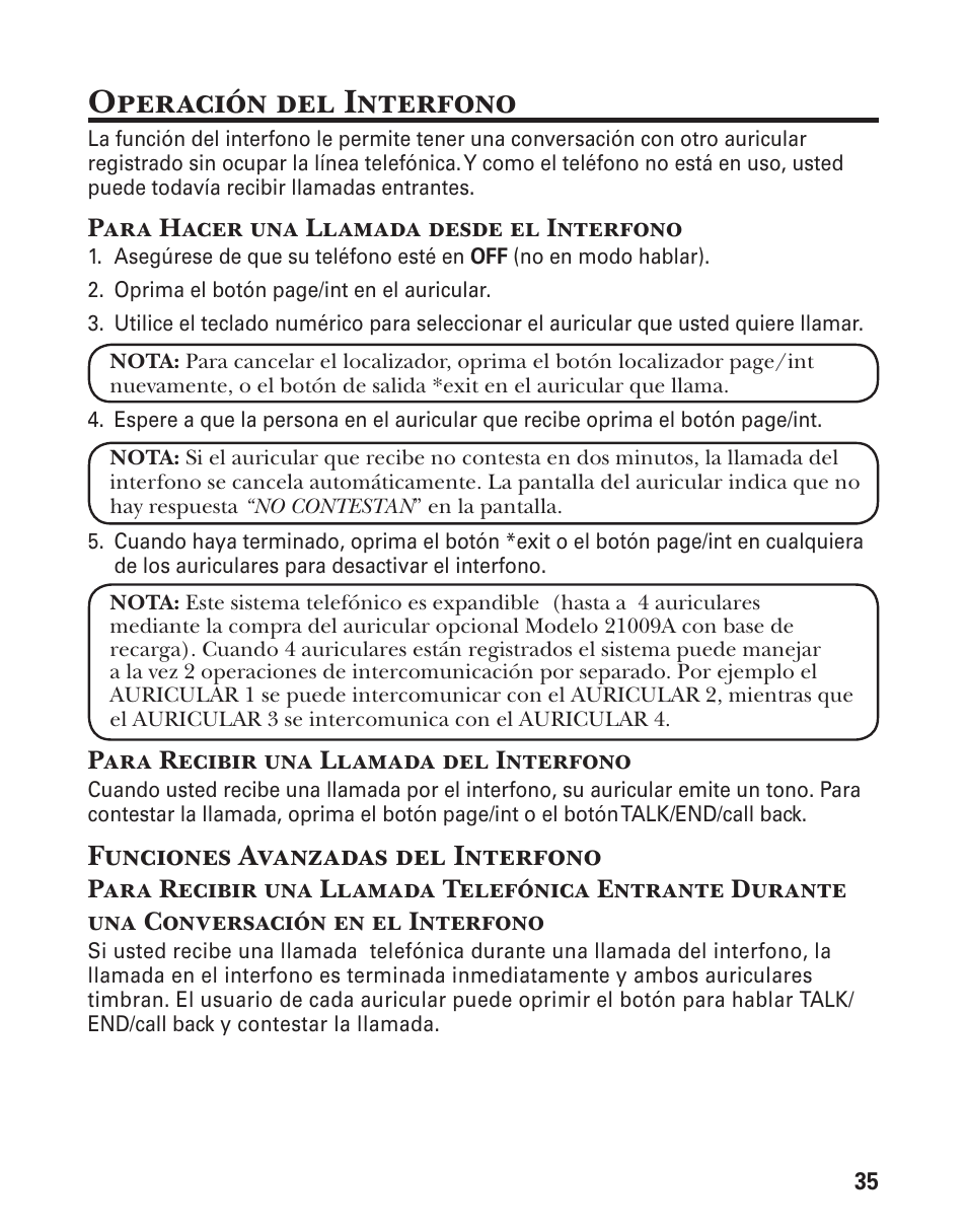Operación del interfono, Funciones avanzadas del interfono, Para hacer una llamada desde el interfono | Para recibir una llamada del interfono | GE 21029 User Manual | Page 93 / 116