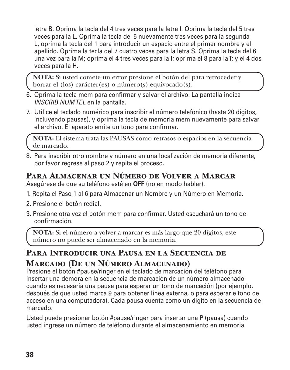 Para almacenar un número de volver a marcar | GE 21029 User Manual | Page 96 / 116