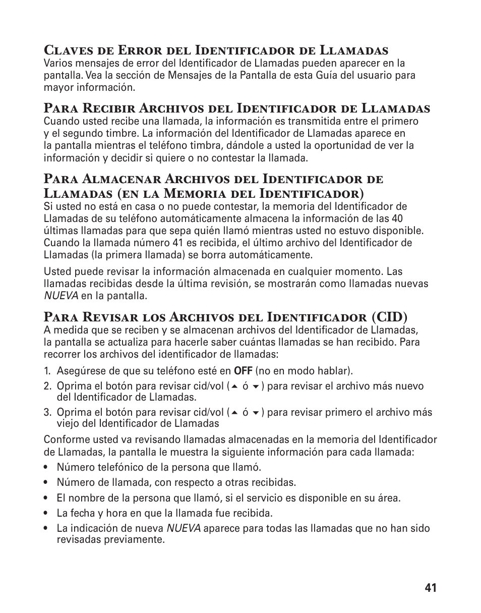 Claves de error del identificador de llamadas, Para revisar los archivos del identificador (cid) | GE 21029 User Manual | Page 99 / 116