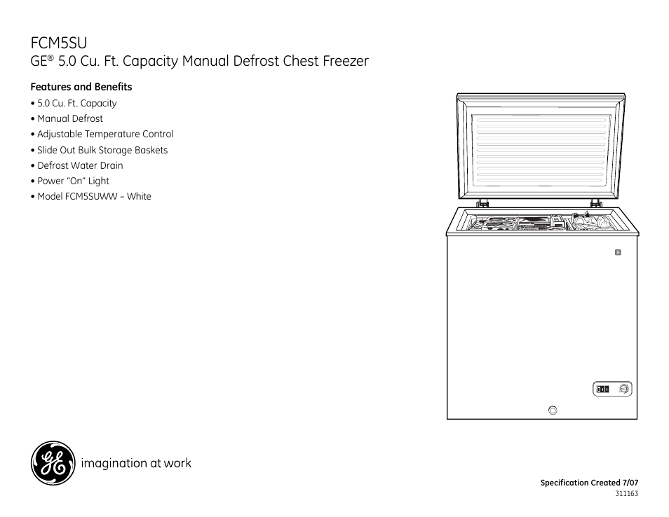 Fcm5su, 0 cu. ft. capacity manual defrost chest freezer | GE FCM5SU User Manual | Page 2 / 2