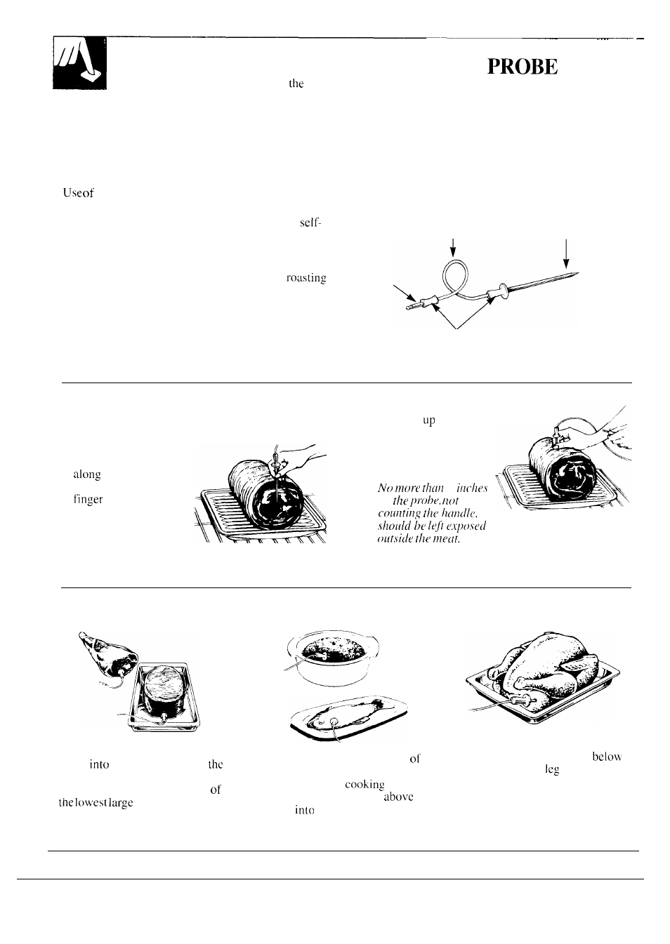 Roasting with the probe , 25, Regular roasting with the, Correct placement of the temperature probe | Ham or lamb, Casseroles or fish | GE JKP17 User Manual | Page 24 / 40