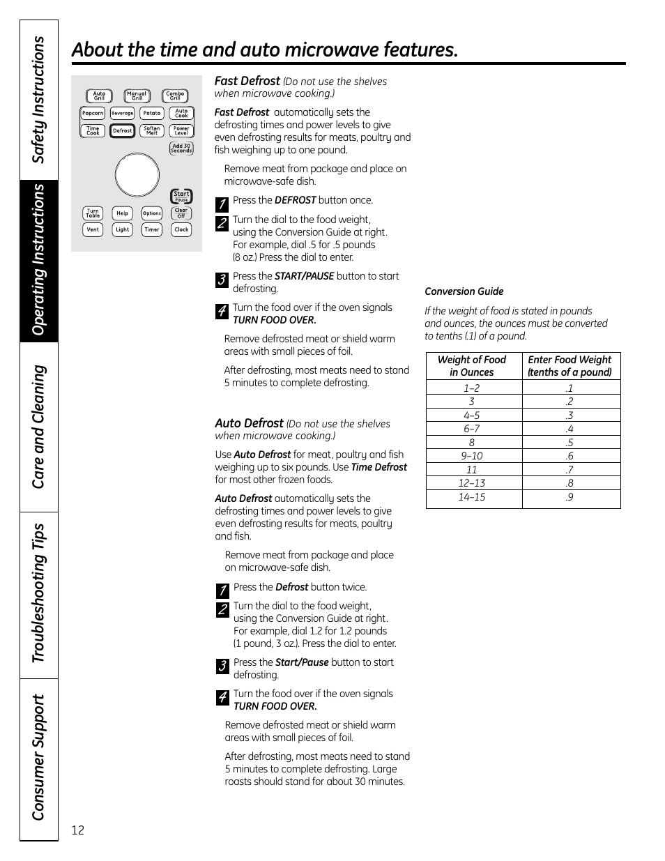 About the time and auto microwave features | GE DVM1665 User Manual | Page 12 / 72