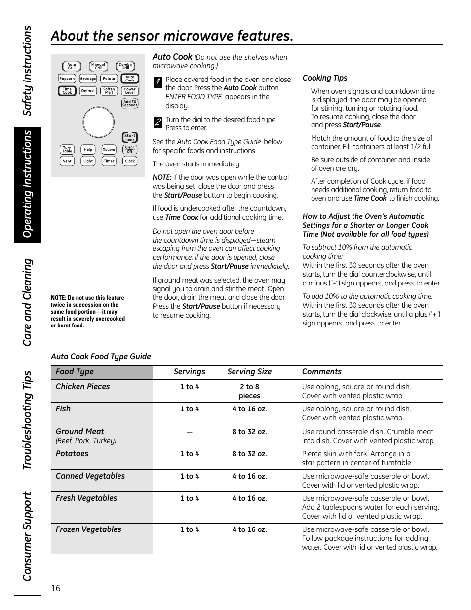 21 about the sensor microwave features | GE DVM1665 User Manual | Page 16 / 72