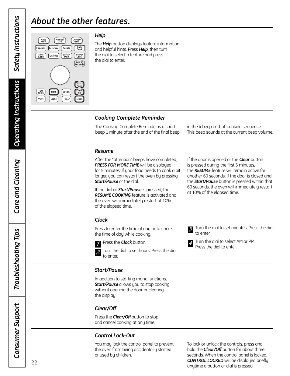 Other features, Clear/off, Clock | Control lock-out, Cooking complete reminder, Help, Resume, Start/pause, Other features –24, Resume start/pause | GE DVM1665 User Manual | Page 22 / 72