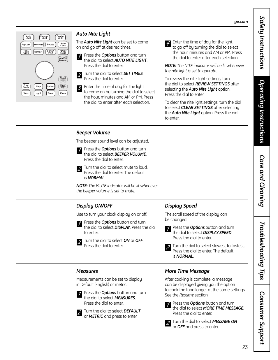 Auto nite light, Beeper volume, Display on/off | Display speed, Measures, More time message, Display on/off display speed, Measures more time message | GE DVM1665 User Manual | Page 23 / 72