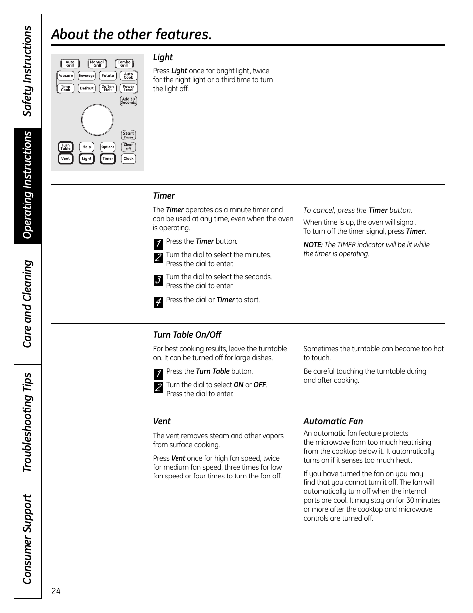 Automatic fan, Light, Timer | Turn table on/off, Vent, Timer turn table on/off vent, 43 2 1 about the other features | GE DVM1665 User Manual | Page 24 / 72