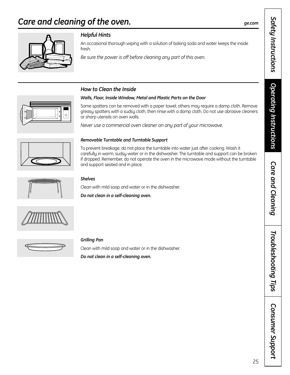 Inside, Care and cleaning of the oven | GE DVM1665 User Manual | Page 25 / 72
