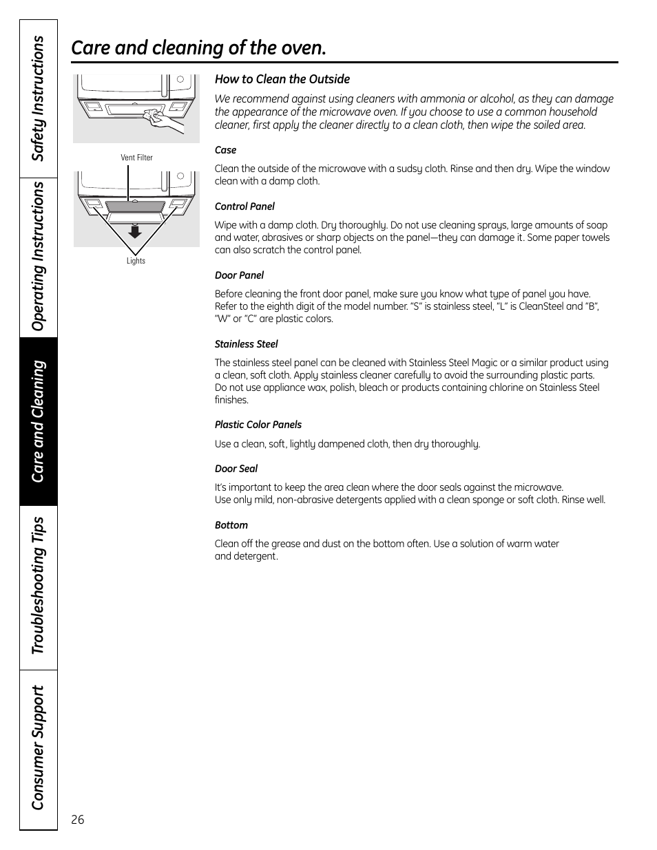 Outside, Stainless steel, Care and cleaning of the oven | GE DVM1665 User Manual | Page 26 / 72