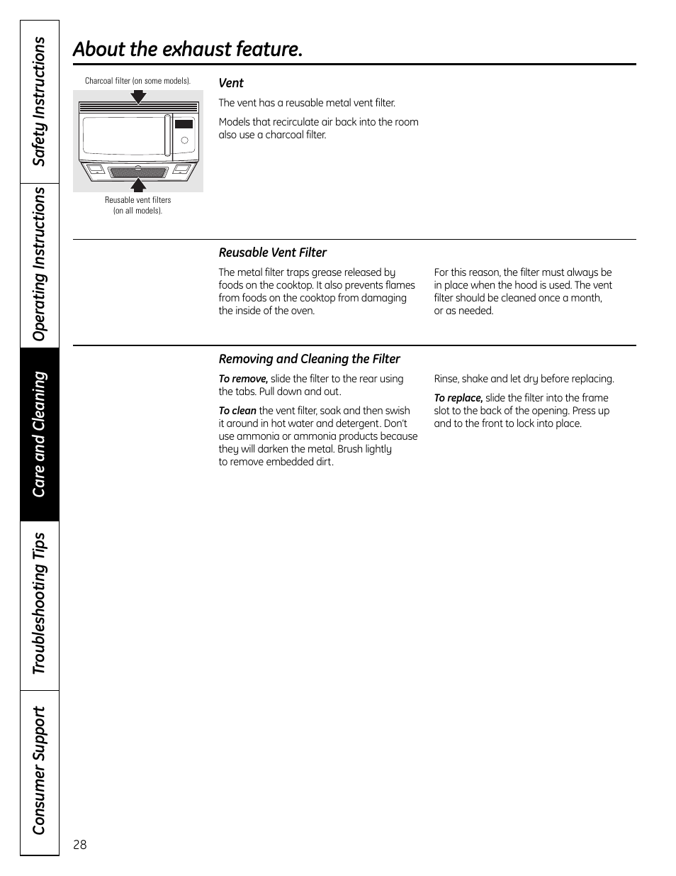 Vent filters, Vent filters , 29, About the exhaust feature | GE DVM1665 User Manual | Page 28 / 72