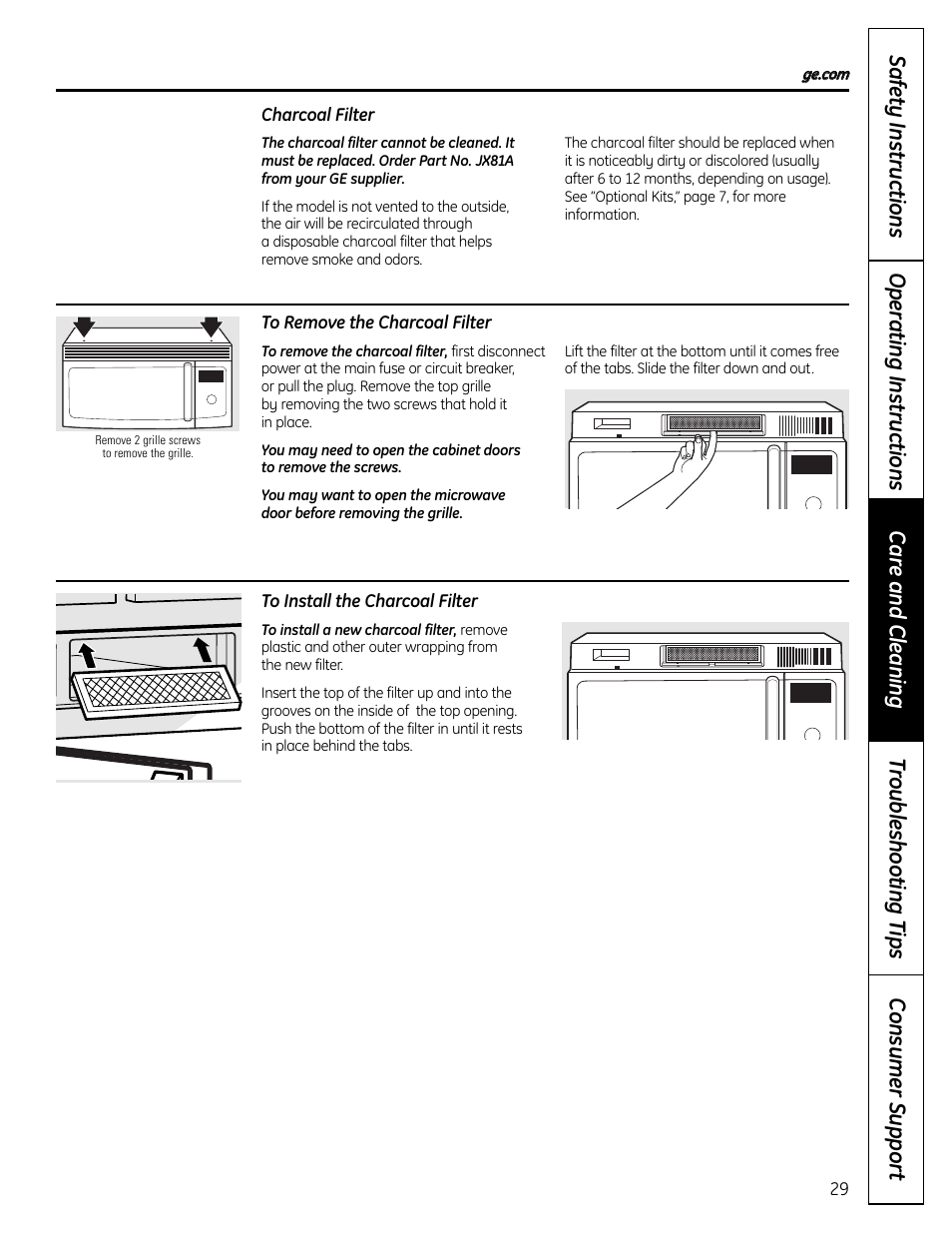Charcoal filters | GE DVM1665 User Manual | Page 29 / 72