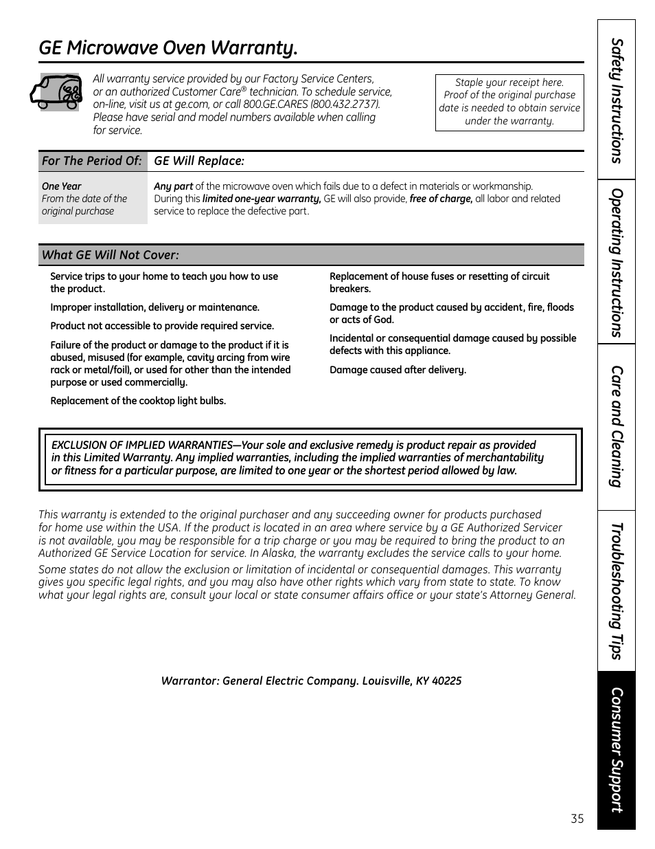 Warranty, Ge microwave oven warranty | GE DVM1665 User Manual | Page 35 / 72