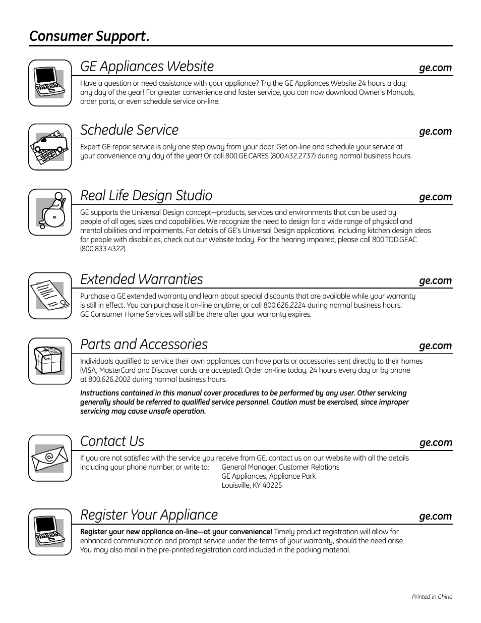 Consumer support, Consumer support . . . . . . . . . . back cover, Consumer support. ge appliances website | Schedule service, Real life design studio, Extended warranties, Parts and accessories, Contact us, Register your appliance | GE DVM1665 User Manual | Page 36 / 72