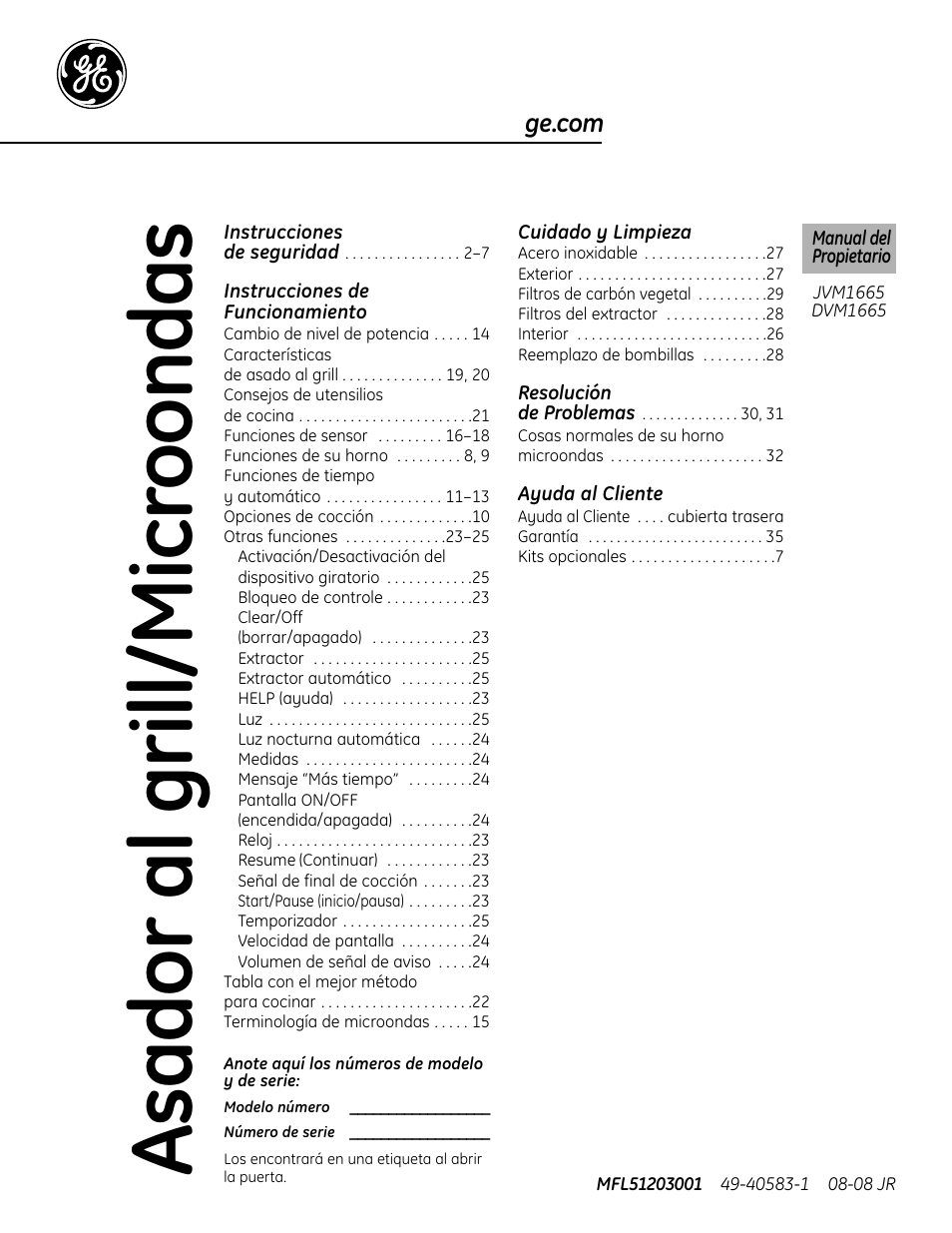 Spanish, Instrucciones de funcionamiento, Cuidado y limpieza | Ayuda al cliente, Asador al grill/micr oondas | GE DVM1665 User Manual | Page 37 / 72