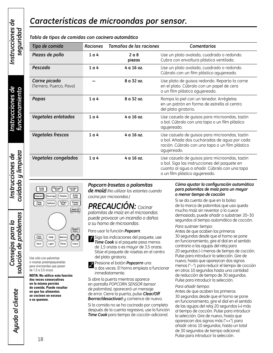 Precaución, Características de microondas por sensor | GE DVM1665 User Manual | Page 54 / 72